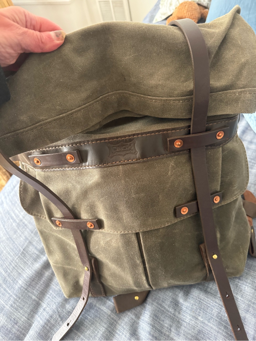 Waxed Canvas Roll-Top Backpack In Olive With Dark Brown Leather